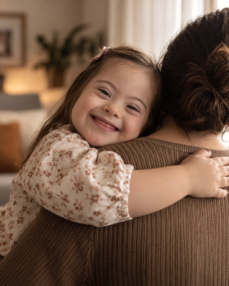 Menina sorridente, abraçada ao colo de uma mulher, dentro de casa.