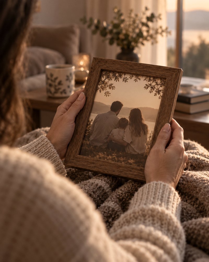 Pessoa sentada segurando no colo um porta-retrato com a foto de uma família.